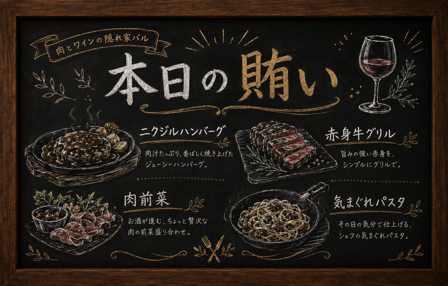本日の賄いと肉料理を描いたGravyの黒板イラスト